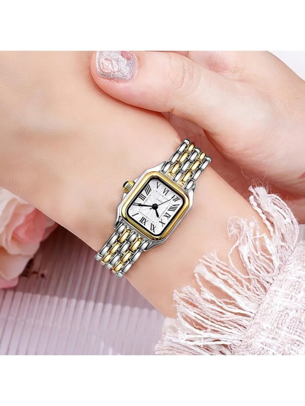 Vintage Square Luxury Watch for Women - Gold Silver Two-Tone, Roman Numerals